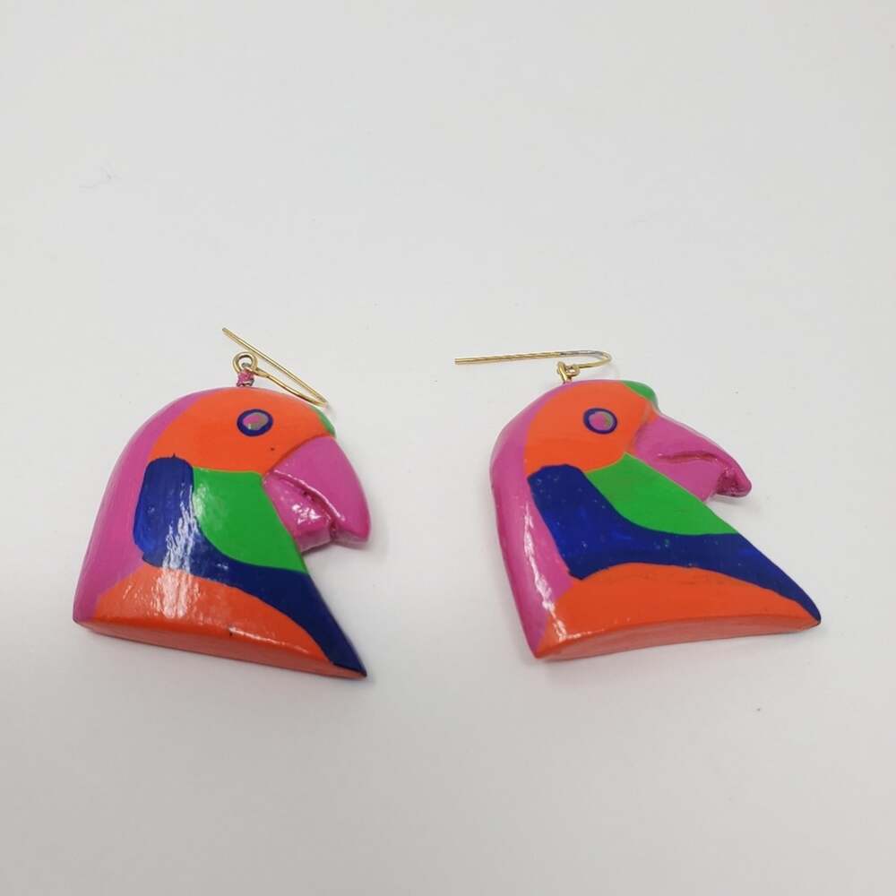 Unique Wooden glazed painted parrot head earrings Hand Painted Lightweight